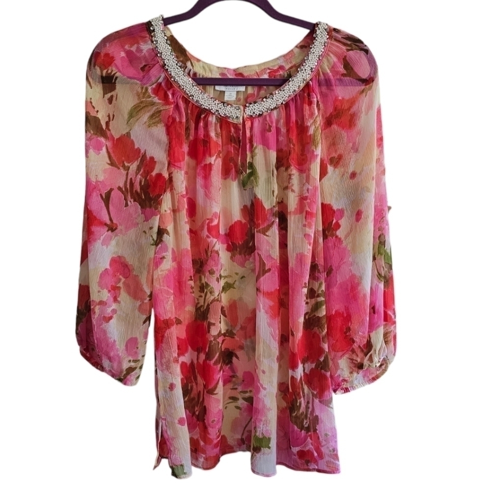 Charter Club Women's 3/4 Sleeve Sheer Floral Print Beaded Neckline Tunic…
